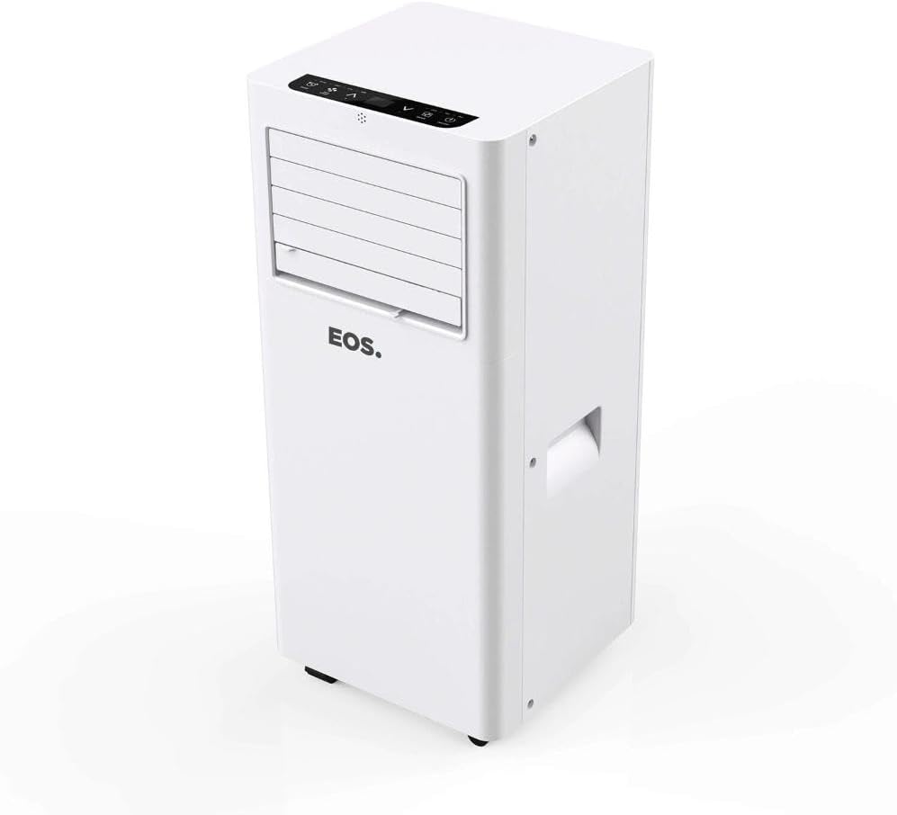 Ar-condicionado portátil branco EOS vista em ângulo superior direito com painel frontal e alça lateral