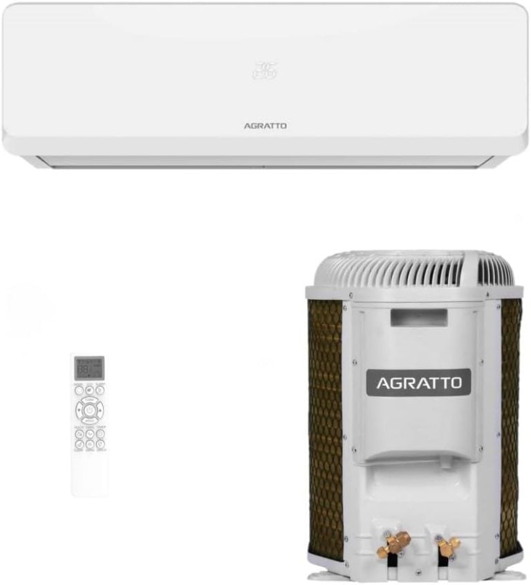 Ar-condicionado Split Agratto Fit Top 9.000 BTUs branco com unidade externa e controle remoto.