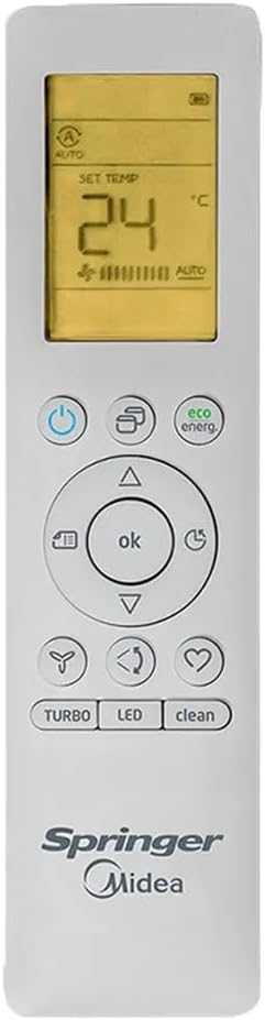 Controle remoto branco do ar condicionado Springer Midea Airvolution com display amarelo e botões funcionais.