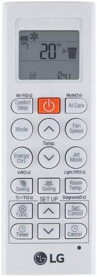 Controle remoto branco do ar-condicionado LG com display digital e botões funcionais.