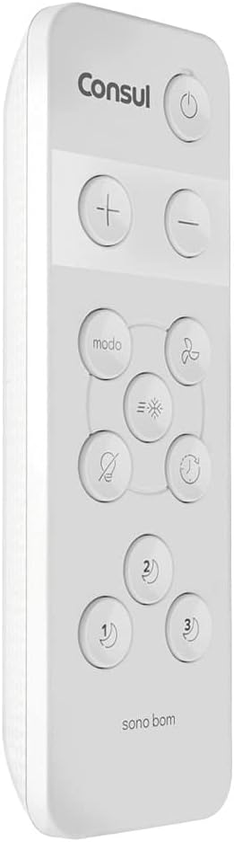 Controle remoto branco Consul para ar condicionado vista lateral com botões e texto sono bom