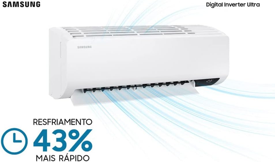 Unidade interna do ar condicionado Samsung com fluxo de ar destacando resfriamento rápido