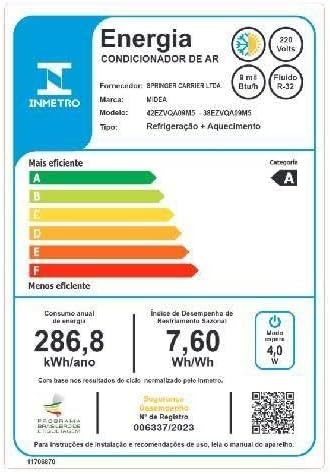 Etiqueta de eficiência energética INMETRO do ar-condicionado Midea modelo 42EZVQA09M5 com classificação A.