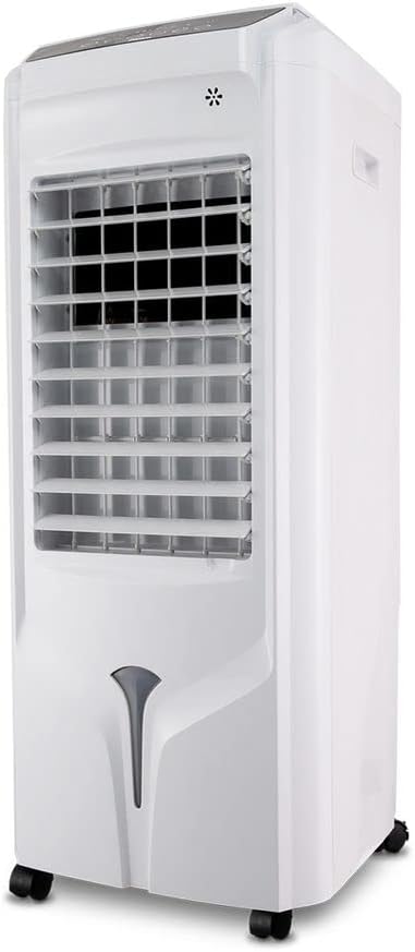 Climatizador Philco PCL14F 3 em 1 branco com grade frontal e rodas, visto de lado.