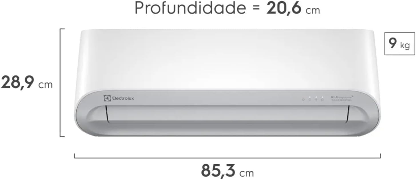 Ar-condicionado Electrolux Split 12.000 BTUs mostrando dimensões e peso.