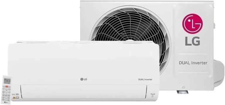 Ar Condicionado Split Hi Wall LG Dual Inverter 18000 BTU/h unidade interna e externa brancas com logo LG vermelho