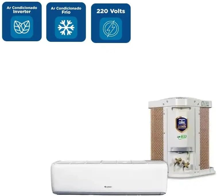 Ar Condicionado Split Gree G-Top Auto Inverter 12000 BTU/h com ícones de características e unidades interna e externa