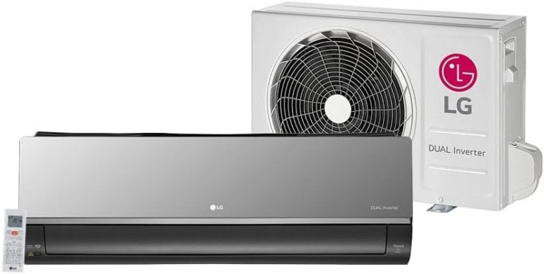 Ar condicionado split LG Artcool Inverter 18000 BTU/h com unidade interna prata e externa branca, Dual Inverter, controle remoto visível.