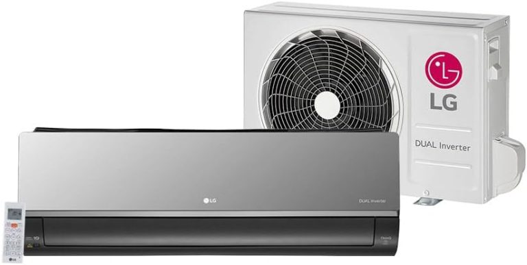 Ar condicionado split LG Artcool 12000 BTU/h com unidade interna prateada e unidade externa branca com ventilador.
