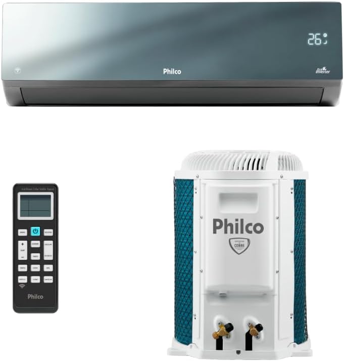 Ar condicionado split inverter Philco espelhado 9000 Btus com unidade externa e controle remoto.