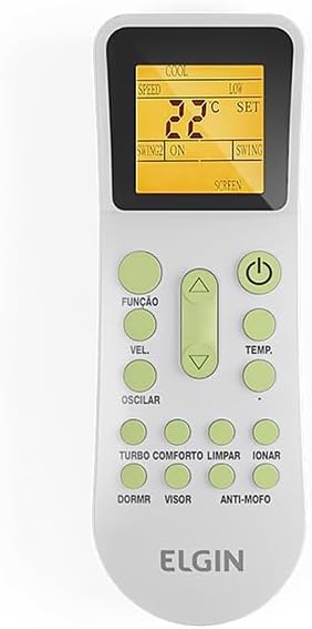 Controle remoto do Ar Condicionado Split Hi Wall Elgin Eco Inverter 9000 BTU/h com tela digital e botões verdes