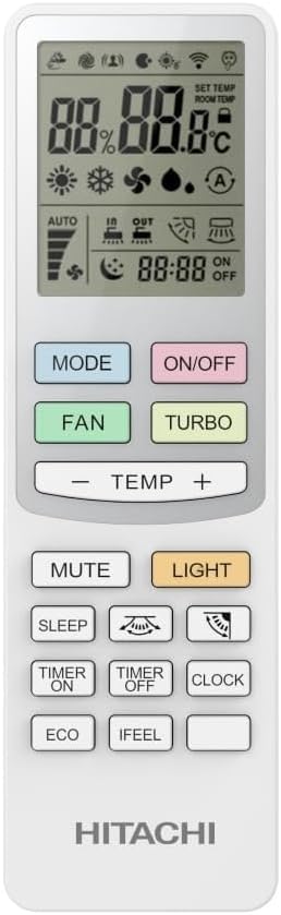 Controle remoto branco do ar-condicionado Hitachi com display digital e botões coloridos para funções diversas.