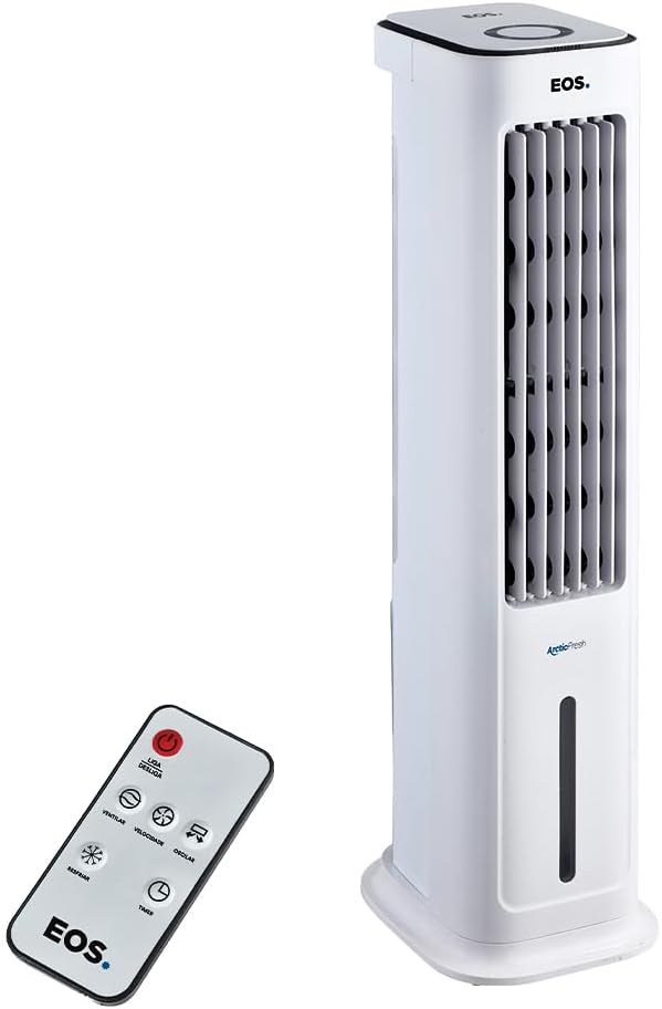 Climatizador de ar torre EOS branco com controle remoto em fundo branco