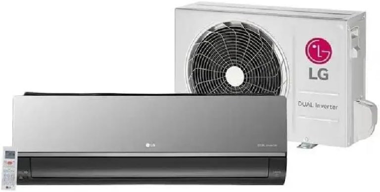 Ar condicionado LG DUAL Inverter Voice +AI ARTCOOL 18.000 BTU unidade interna cinza com unidade externa branca com logo LG.