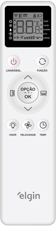 Controle remoto branco para ar condicionado Elgin com display digital e botões funcionais.