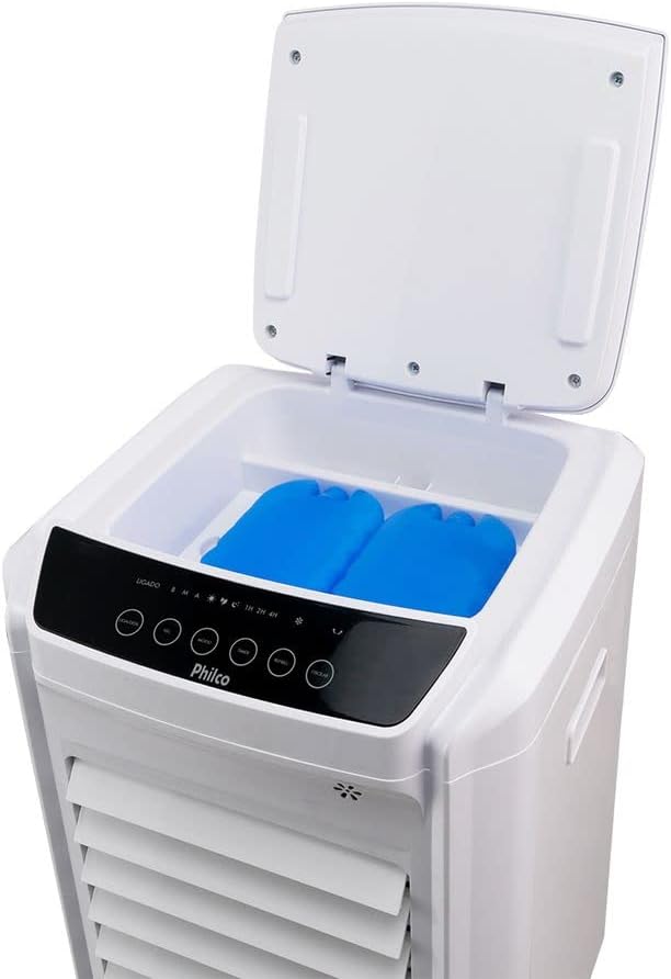 Climatizador Philco PCL14F 3 em 1 branco com tampa superior aberta exibindo compartimento com bolsas de gelo.
