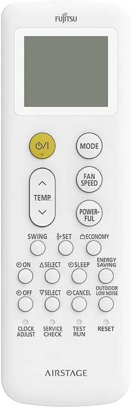 Controle remoto branco Fujitsu Airstage com visor e diversos botões para ar condicionado.