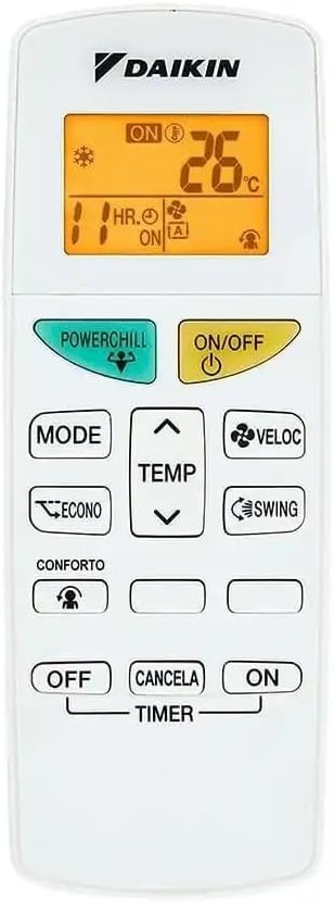Controle remoto branco do ar condicionado Daikin com visor digital e botões multifuncionais.