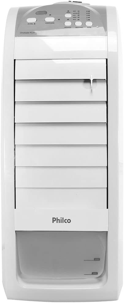 Climatizador de ar Philco 4 funções branco com painel cinza e persianas ajustáveis frontalmente