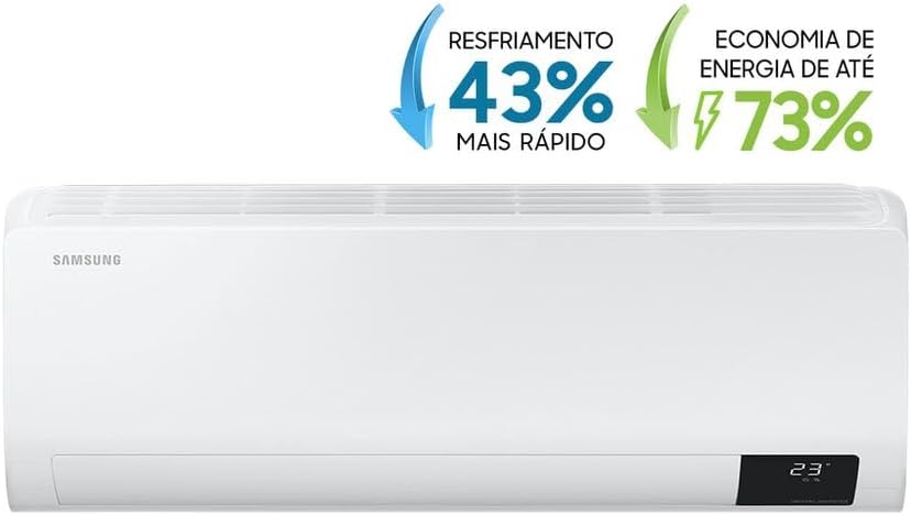 Unidade interna do ar-condicionado Samsung Digital Inverter Ultra com texto sobre eficiência e economia de energia
