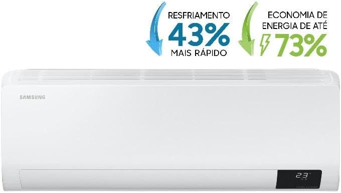 Painel frontal ar-condicionado Samsung Digital Inverter com indicação de economia e resfriamento rápido.