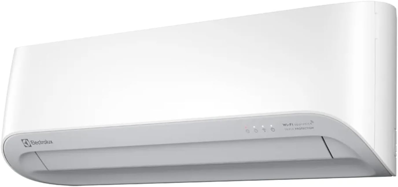 Ar-condicionado Electrolux Split 12.000 BTUs vista lateral unidade interna branca design curvo