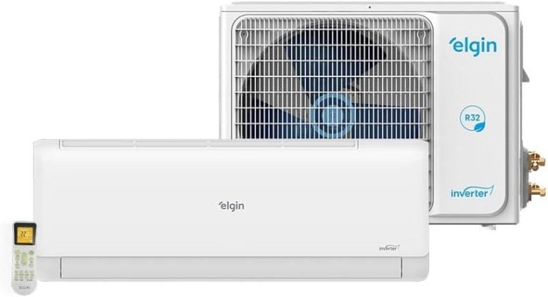 Ar condicionado split Elgin Eco Inverter II branco com controle remoto e unidade externa visível