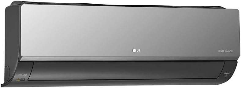 Unidade interna lateral do ar condicionado LG Artcool prata e preto fosco.