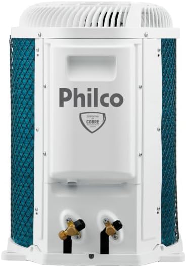 Unidade externa do ar condicionado Philco split inverter com laterais azuis.