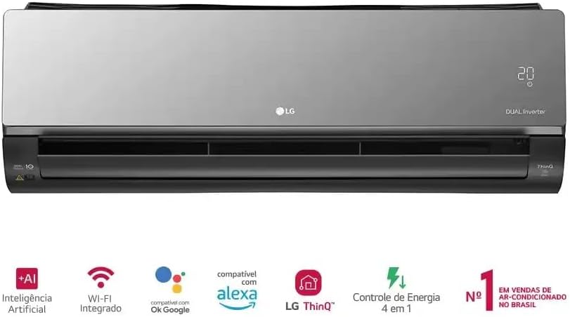 Painel frontal do ar-condicionado LG DUAL Inverter com display digital, ícones de conectividade, inteligência artificial e controle de energia.