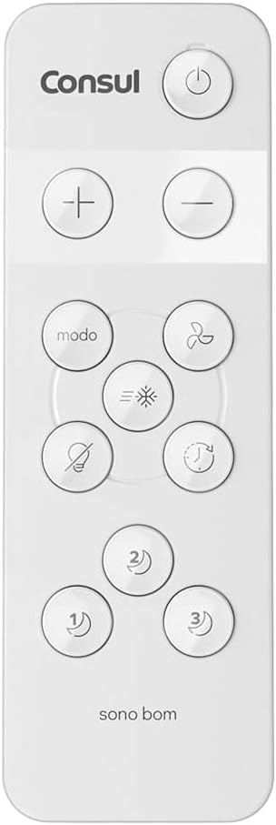 Controle remoto branco Consul para ar condicionado com botões funcionais e texto sono bom