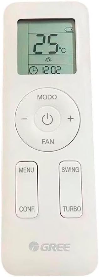 Controle remoto branco do ar-condicionado Gree com display digital e botões funcionais.