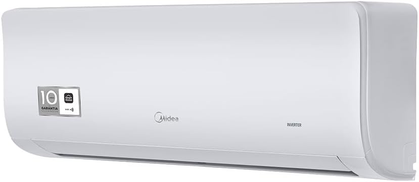 Unidade interna branca com vista lateral do ar condicionado Split Hi Wall Inverter Midea com selo de garantia 10 anos.