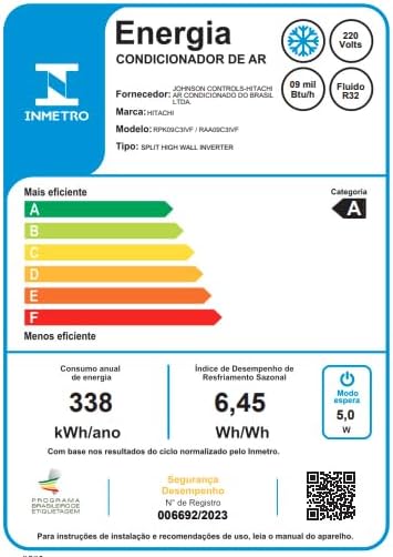 Etiqueta INMETRO do ar condicionado Hitachi com eficiência energética classe A e consumo 338 kWh/ano