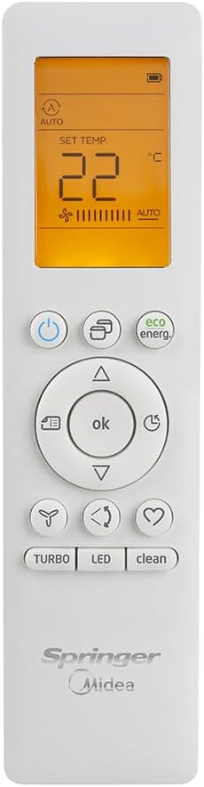 Controle remoto branco para ar condicionado Springer Midea com display e múltiplos botões funcionais
