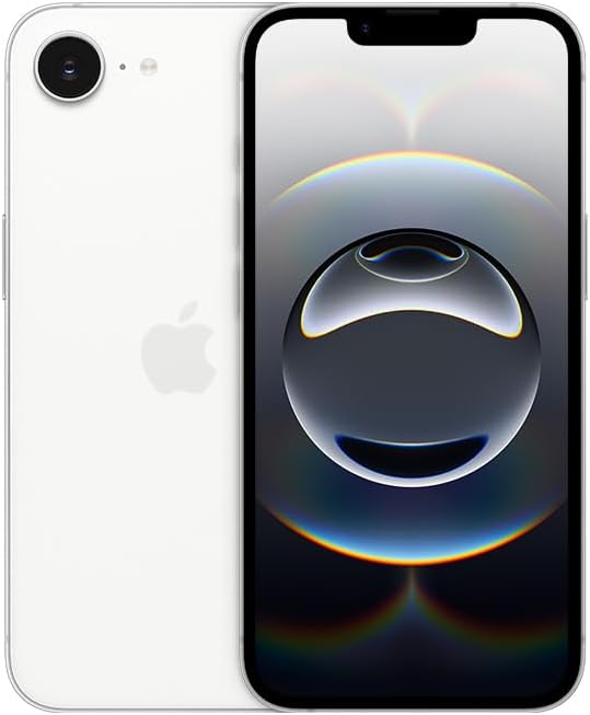 Apple iPhone 16e branco com 512GB, visão frontal e traseira.
