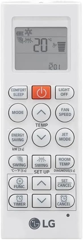 Controle remoto branco do ar condicionado LG com display digital e múltiplos botões funcionais