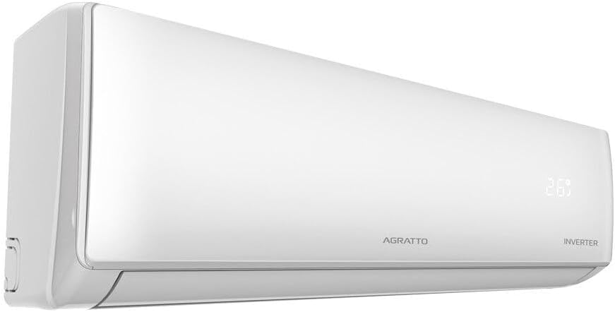 Unidade interna do ar condicionado split Agratto Inverter 9000 Btus vista lateral, branco com painel digital.
