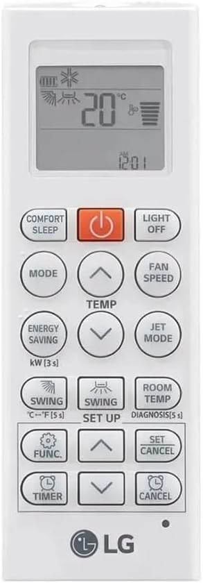 Controle remoto branco do ar condicionado LG com display digital e múltiplos botões funcionais para ajustar configurações.