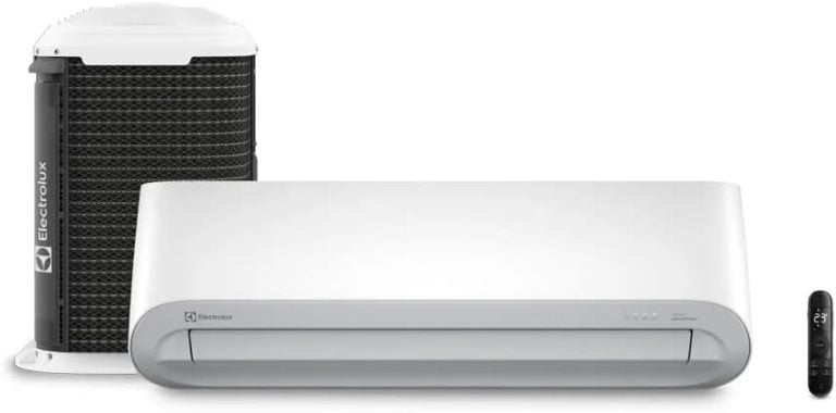Ar-condicionado Electrolux Inverter 18000 BTUs com unidade interna, externa e controle remoto preto digital.