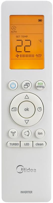 Controle remoto branco do ar condicionado Midea com tela iluminada mostrando temperatura 22 graus.