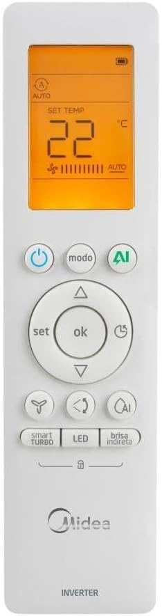 Controle remoto branco para ar-condicionado Midea com display laranja e múltiplos botões funcionais.