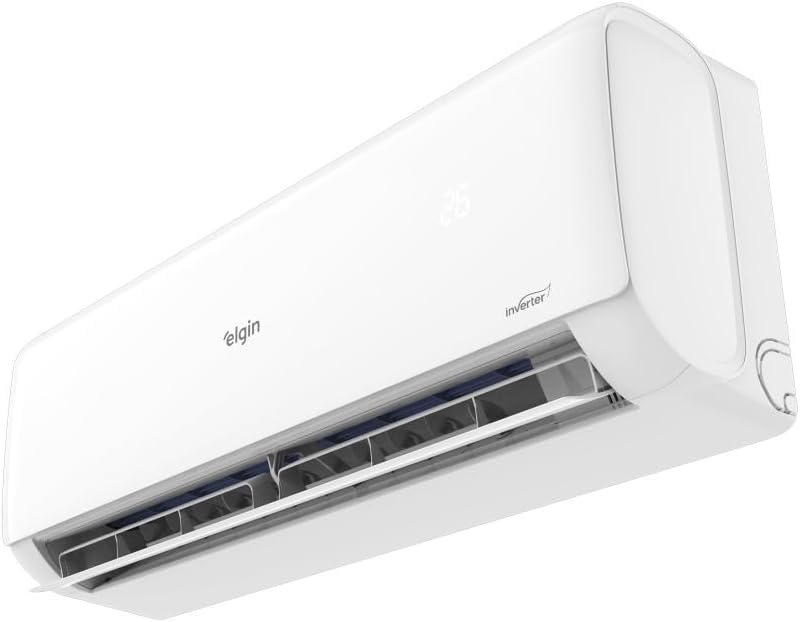 Unidade interna ar condicionado split Elgin Eco Inverter II 18000 BTU/h vista lateral com ventilação aberta.