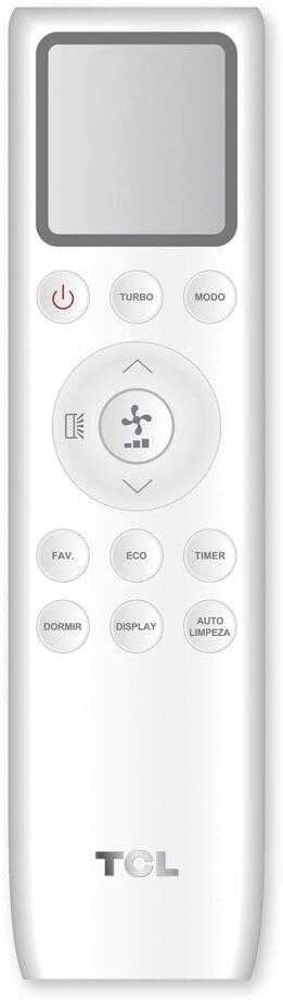 Controle remoto branco do Ar Condicionado Split TCL com múltiplas funções e display digital.