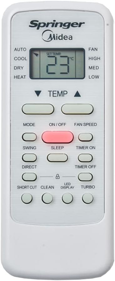 Controle remoto branco do ar condicionado Springer Midea com display digital e botões funcionais.