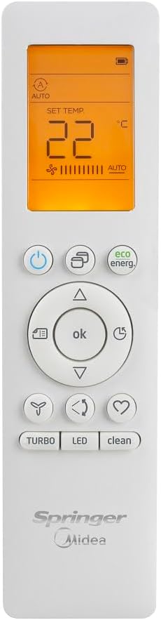 Controle remoto branco do ar condicionado Springer Midea com tela laranja e botões multifunções.