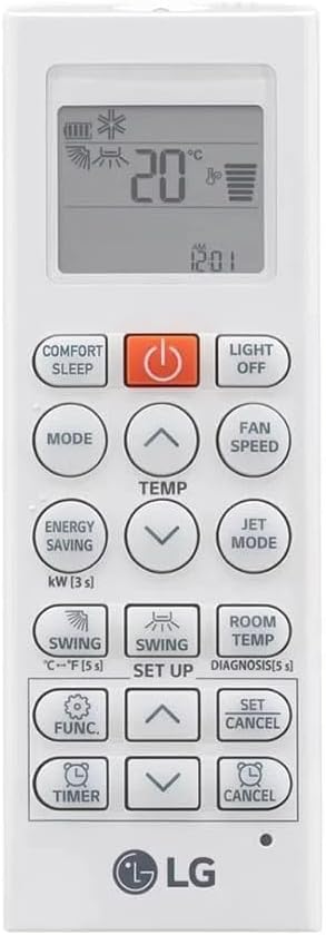 Controle remoto branco do ar condicionado LG com display digital e vários botões de funções.