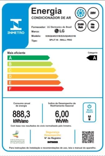 Etiqueta Inmetro do ar condicionado LG Split Hi Wall 24000 BTU categoria A eficiência e consumo energético.