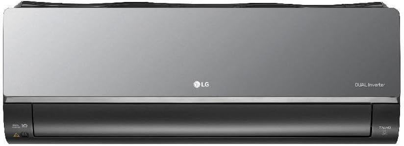 Unidade interna cinza metálica e preta do ar-condicionado LG DUAL Inverter ARTCOOL 12.000 BTU vista frontal.