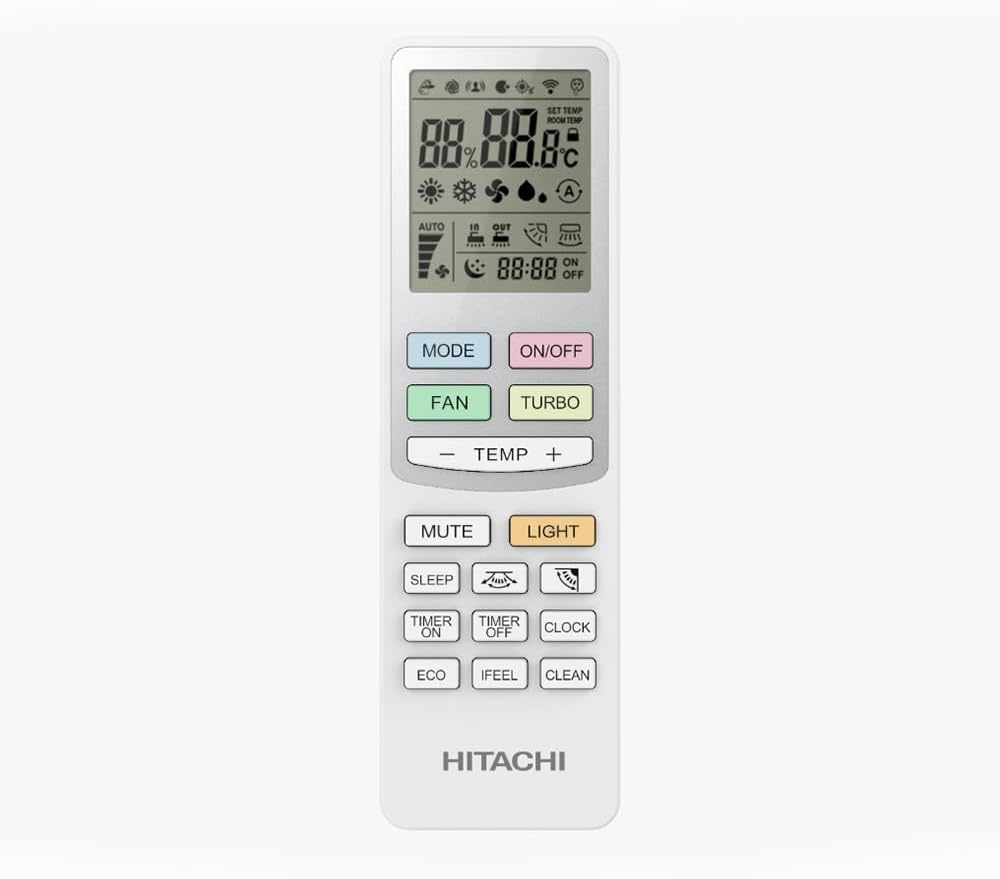Controle remoto branco do ar condicionado Split Hitachi AirHome com tela LCD e botões coloridos para diversas funções.